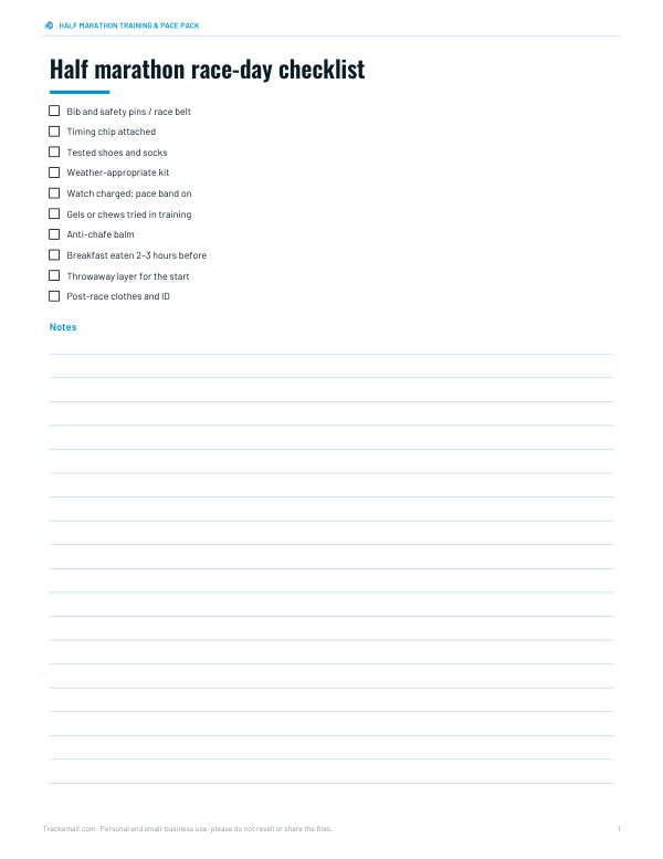 Preview of Printable Half Marathon Race-Day Checklist